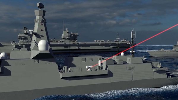An artist's impression of the Dragon fire laser beam - a type of directed energy weapon (Image: Royal Navy)