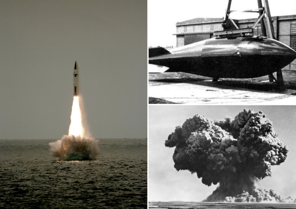 A Polaris missile fired from the submarine HMS Revenge, the British Blue Danube (Smallboy) nuclear bomb and the UK's first nuclear test, Operation Hurricane, in Australia in 1952