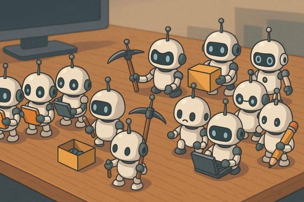 ChatGPT's depiction of an army of helpful agents (and one rather sad-looking one we couldn't get it to stop generating)