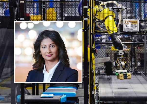 AI analyst Kamales Lardi and an image of an Amazon robot performing a manual task that once required human labour 