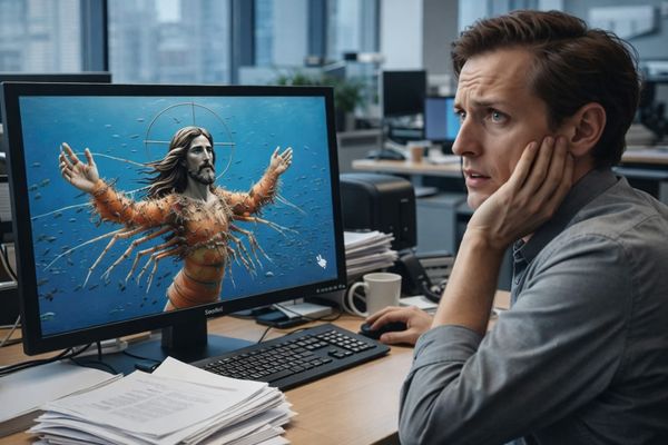 An AI slop image from ChatGPT showing a man viewing a famous AI slop image 