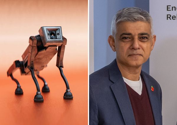 An Unsplash+ illustration of a robotic police dog and an official creative commons image of Sadiq Khan, Mayor of London