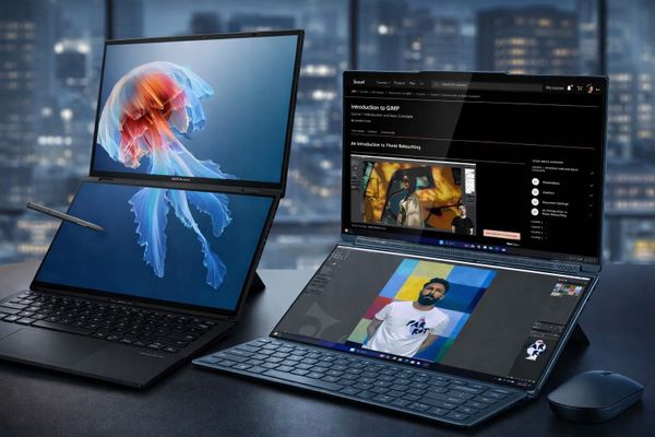 A ChatGPT composite image showing the Asus Zenbook Duo (left) and Lenovo Yoga Book (right) 