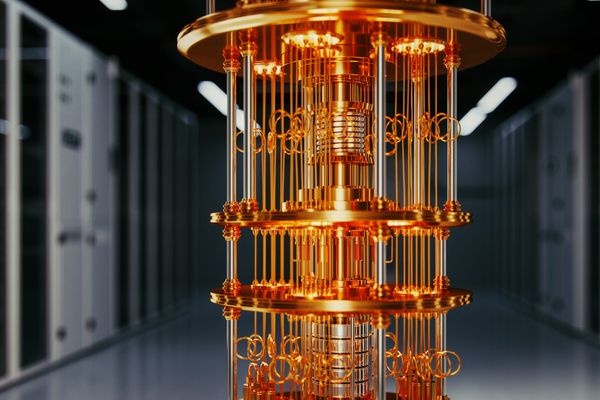 Illustration of a dilution refrigerator system used to run superconducting quantum computers at near absolute zero temperatures.