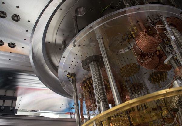 The intricate wiring and cooling apparatus inside an IBM quantum computer, used to maintain the extremely low temperatures required for its superconducting qubits (Credit: IBM Research)