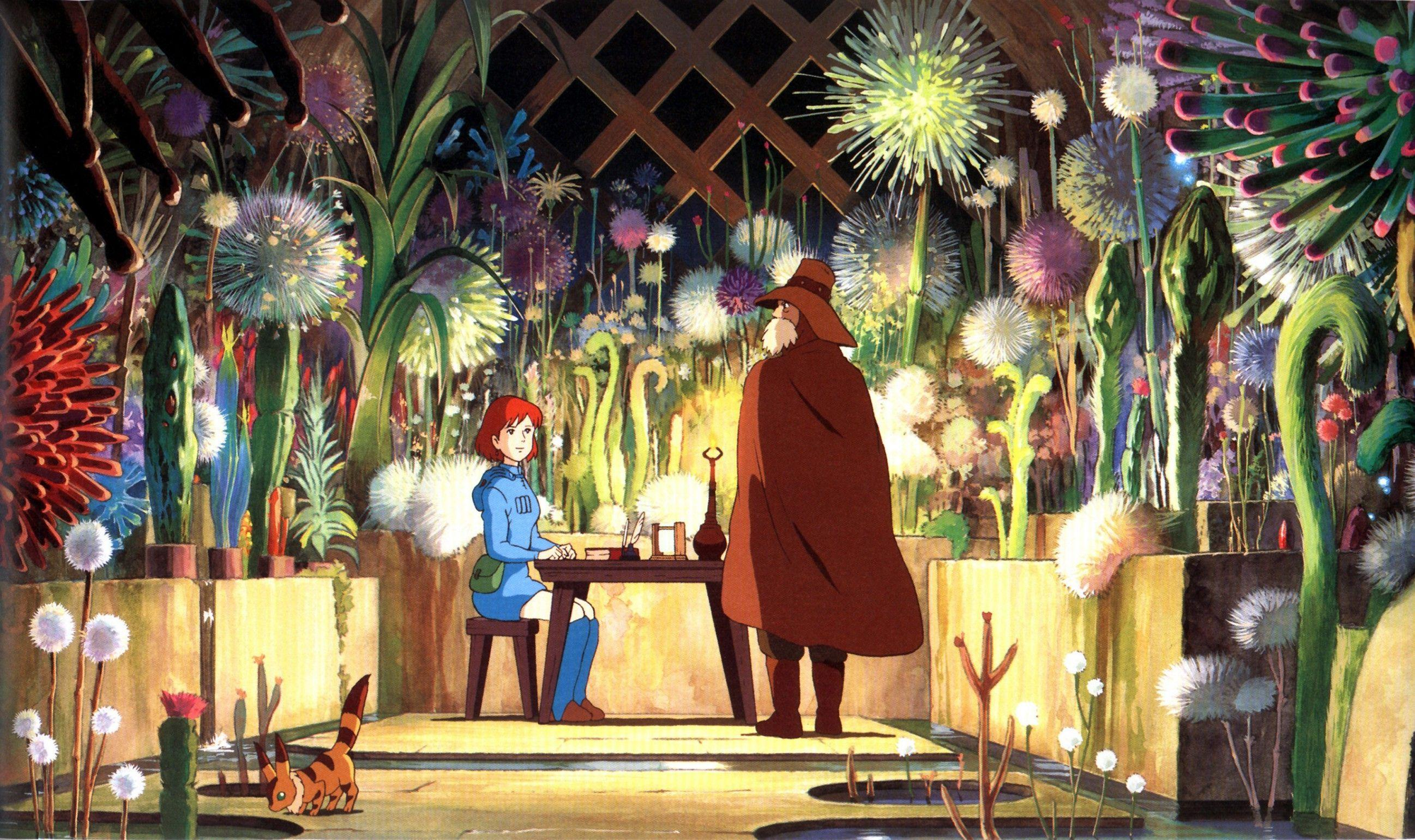 imagem de Nausicaä do Vale do Vento. um local subterrâneo repleto de flores em formatos diferentes e meio "alienígenas". uma garota jovem de roupa azul está sentada à mesa e olha para um senhor barbudo de capa e chapéu