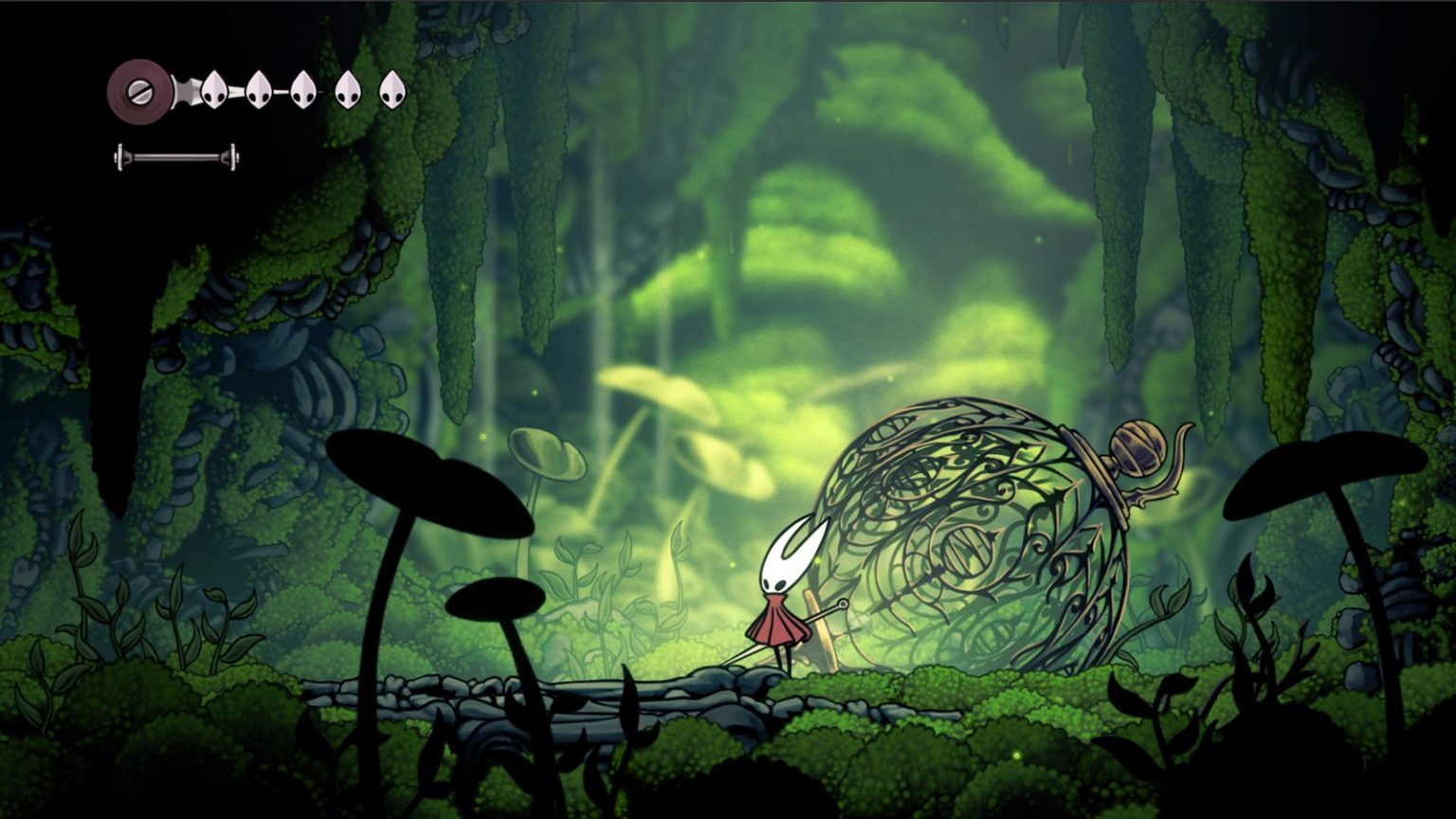 imagem do jogo silksong. a personagem hornet (um inseto de rosto branco e roupa vermelha que segura uma agulha) está em um cenário todo verdinho