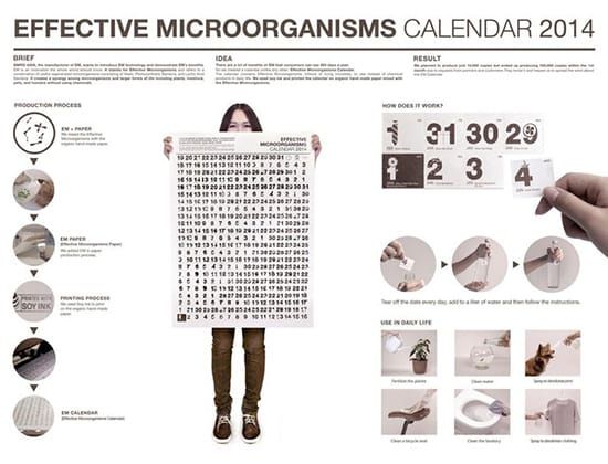 難懂的「有益微生物」，變成易懂的“月曆紙”。推廣新生物應用來取代化學製劑，每日撕下不同“日期”放進水裡，各可以除臭、施肥、淨水或是清潔等，一個月樣本派發量高於預期10倍