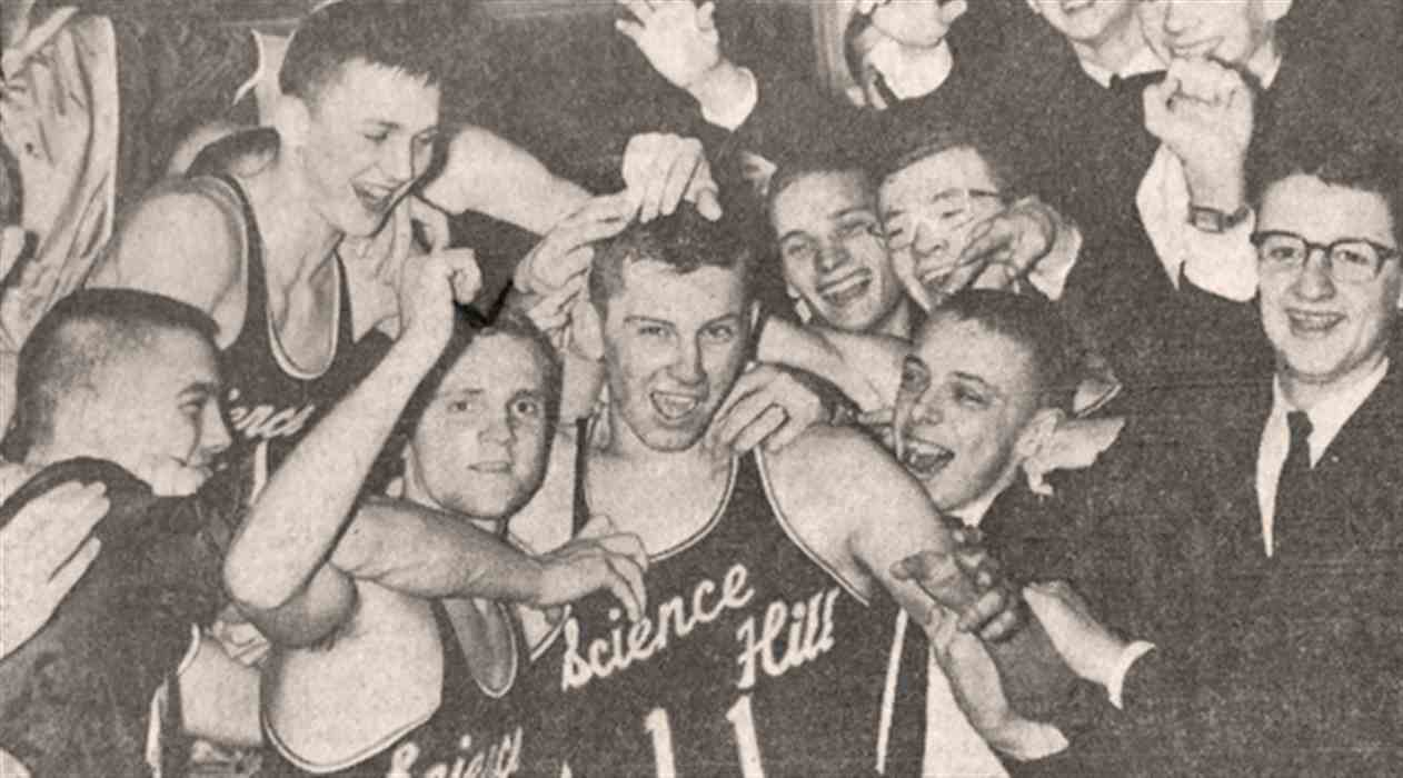 Steve Spurrier is surrounded by his Science Hill High school basketball teammates.