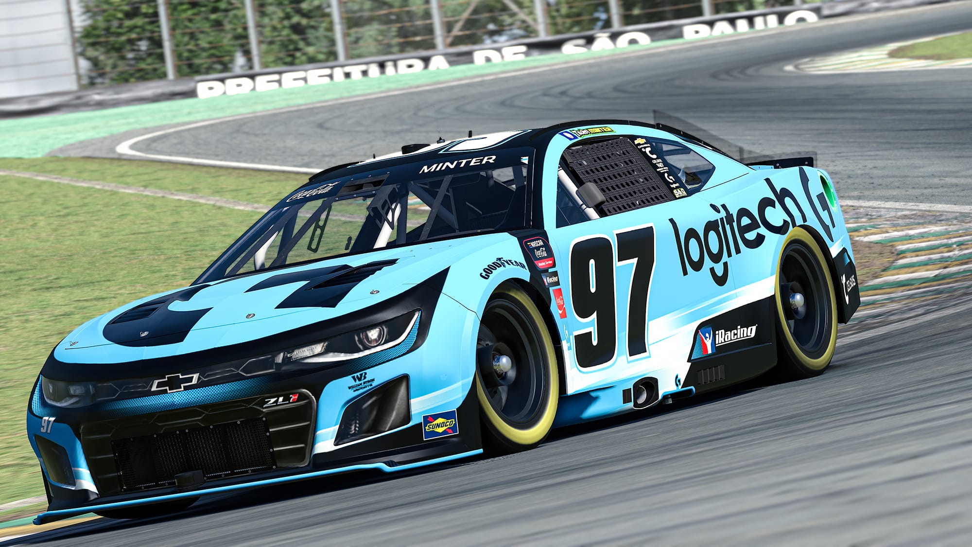 Tucker Minter's light-blue No. 97 car rounds a corner on the virtual Interlagos track in March.