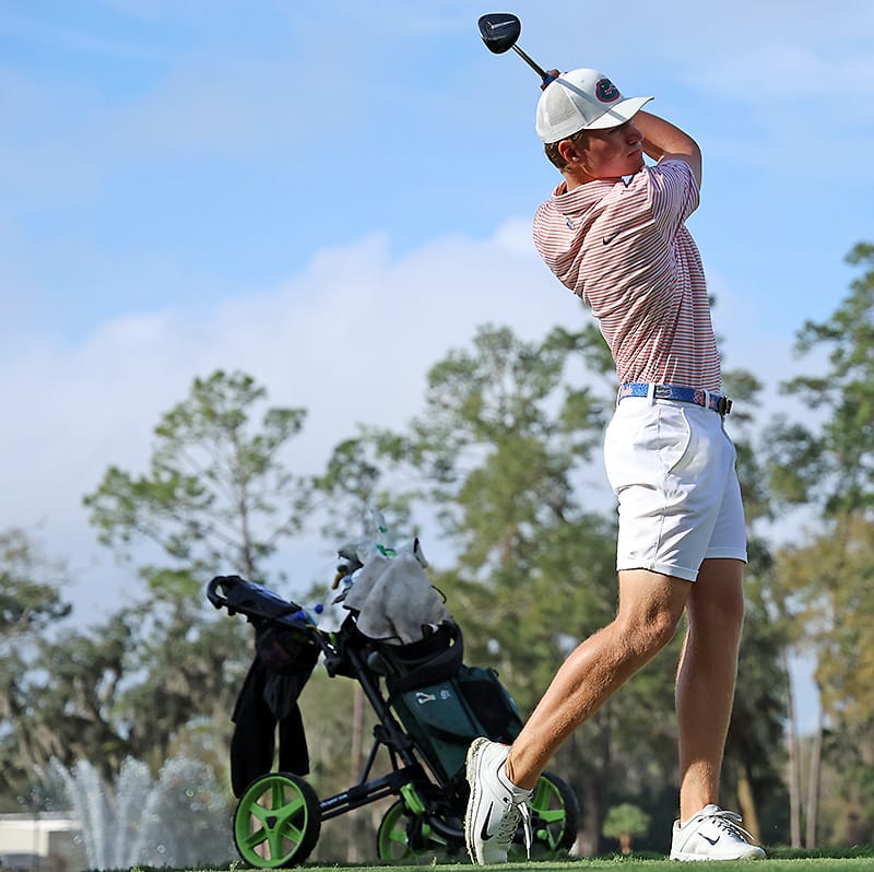 Florida golfer Parker Sands drives the ball down the fairway during the Gators Invitational at Mark Bostick Golf Course in Gainesville, Florida, on Saturday, Feb. 15, 2025.