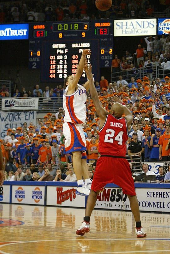 Florida basketball guard Anthony Roberson shoots a buzzer-beater over Georgia guard Jarvis Hayes to beat the Bulldogs at the Stephen C. O'Connell Center in 2003.