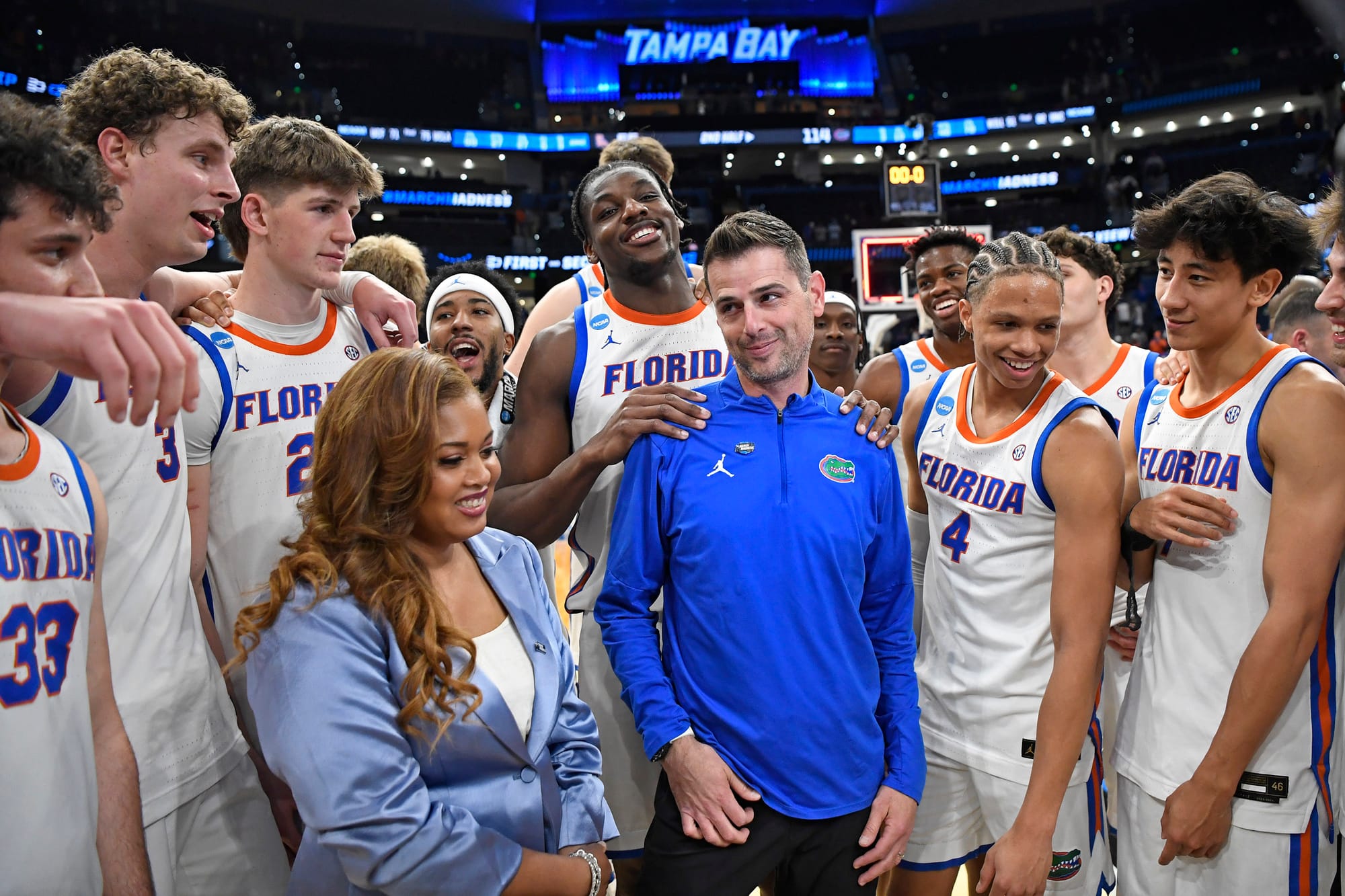 Florida head coach Todd Golden makes a face as the Florida Gators face the Prairie View A&M Panthers on Friday, March 20, 2026, at Benchmark International Arena in Tampa, Fla.
