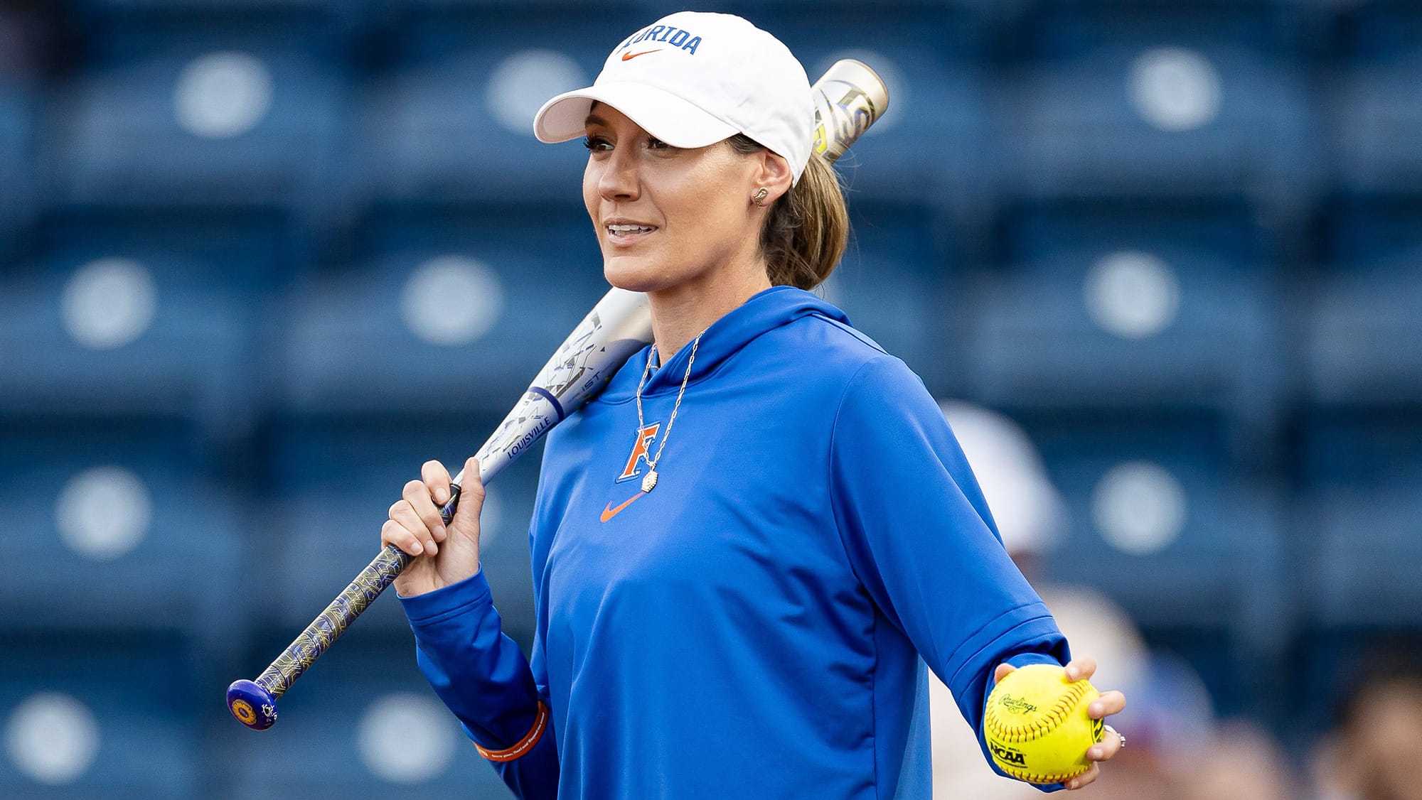 Florida Gators assistant coach Francesca Enea hits balls before the game at Katie Seashole Pressly Stadium in Gainesville on Monday, April 8, 2024.