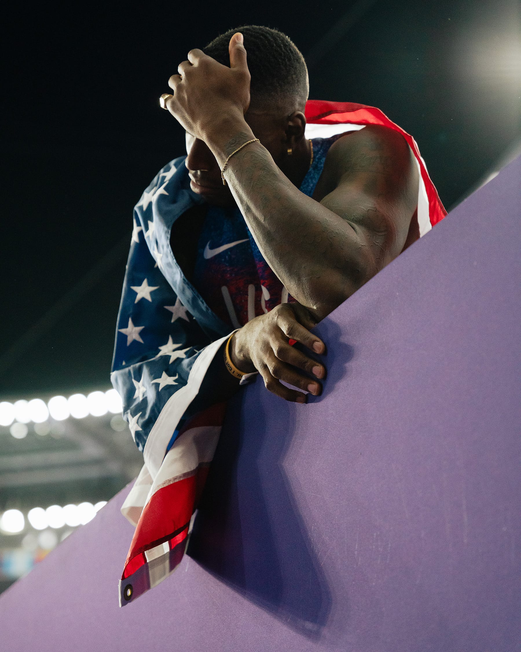 Grant Holloway (USA) took it all in after winning the men's 110-meter hurdle final during the Paris 2024 Olympic Summer Games at Stade de France on Aug. 8, 2024 in Paris Saint-Denis, France.