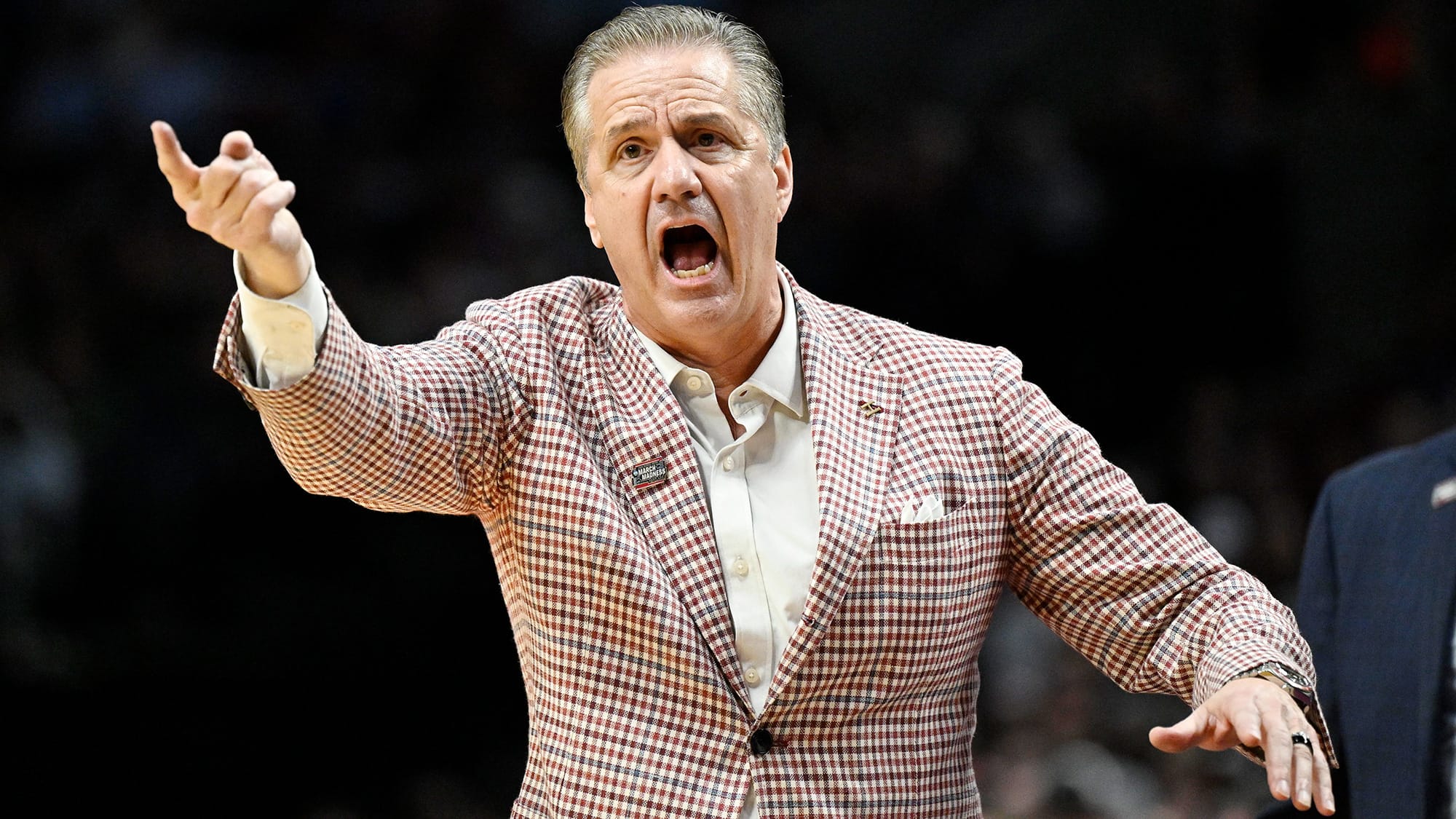 Mar 21, 2026; Portland, OR, USA; Arkansas Razorbacks head coach John Calipari in the second half against the High Point Panthers during a second round game of the men's 2026 NCAA Tournament at Moda Center.
