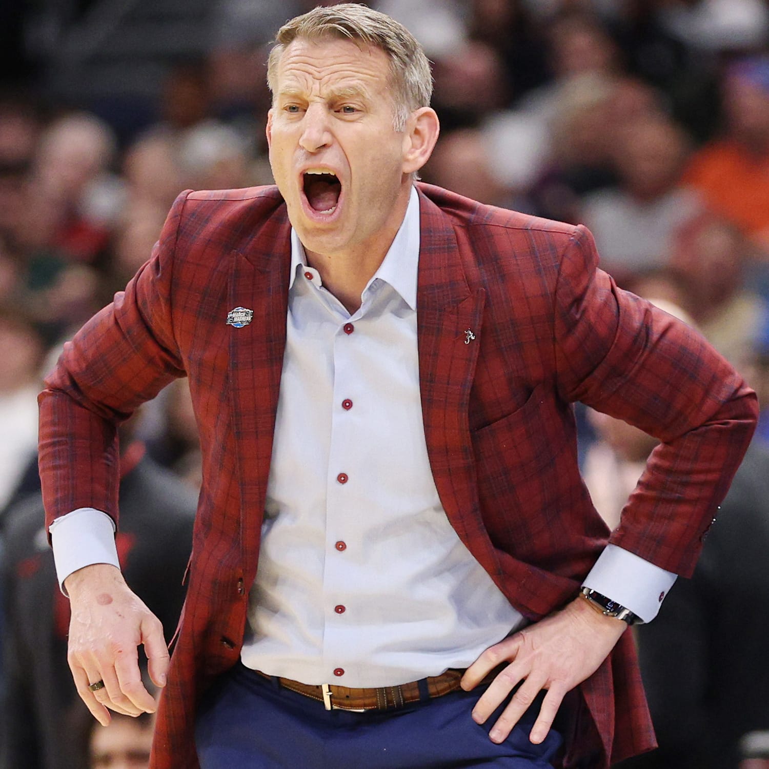 Mar 20, 2026; Tampa, FL, USA; Alabama Crimson Tide head coach Nate Oats in the second half against the Hofstra Pride during a first round game of the men's 2026 NCAA Tournament at Benchmark International Arena.