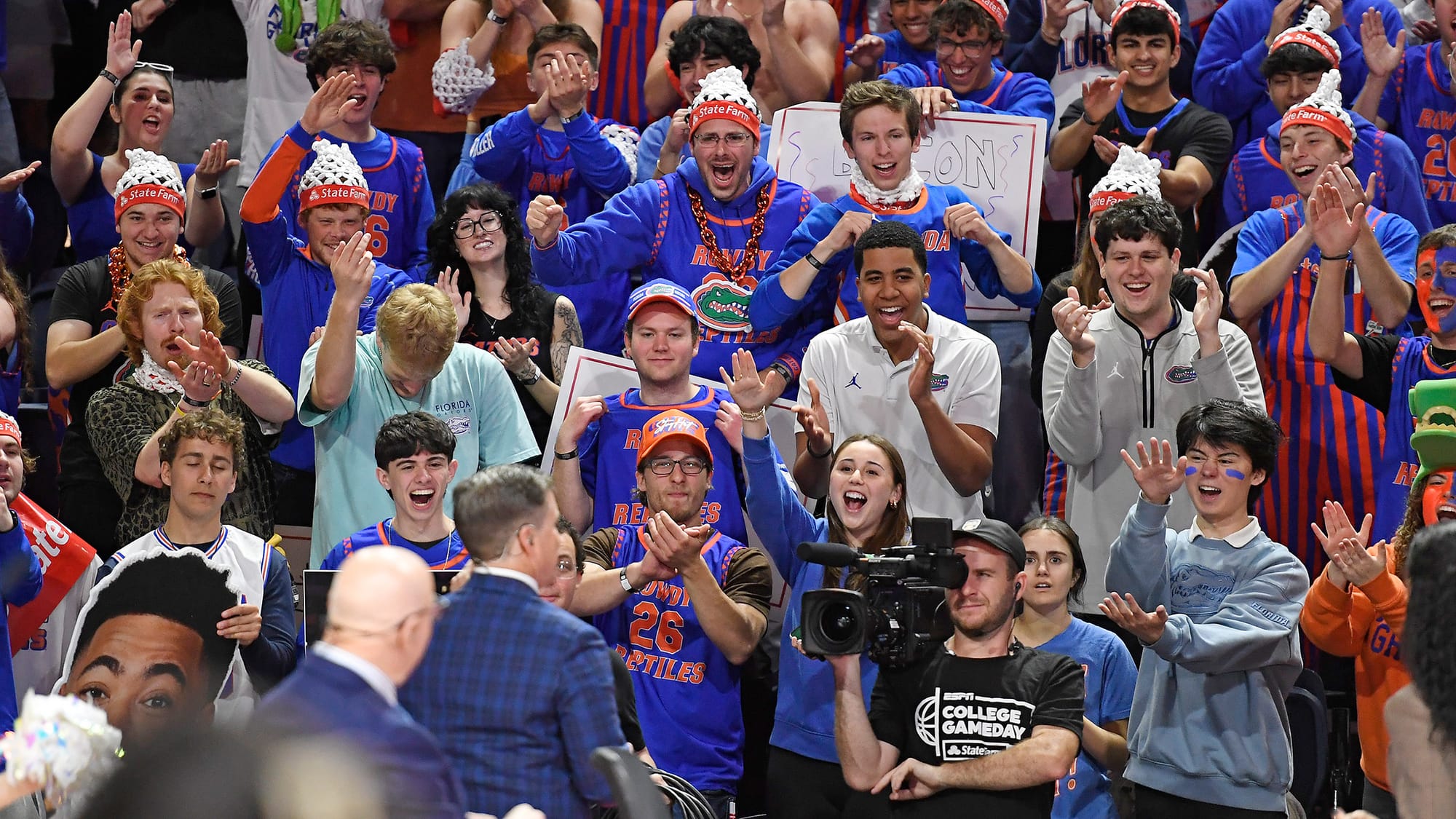 Rece Davis fires up the student section during ESPN’s College GameDay before the Florida Gators face the Arkansas Razorbacks at the Stephen C. O’Connell Center on Saturday, Feb. 28, 2026, in Gainesville, Fla. 