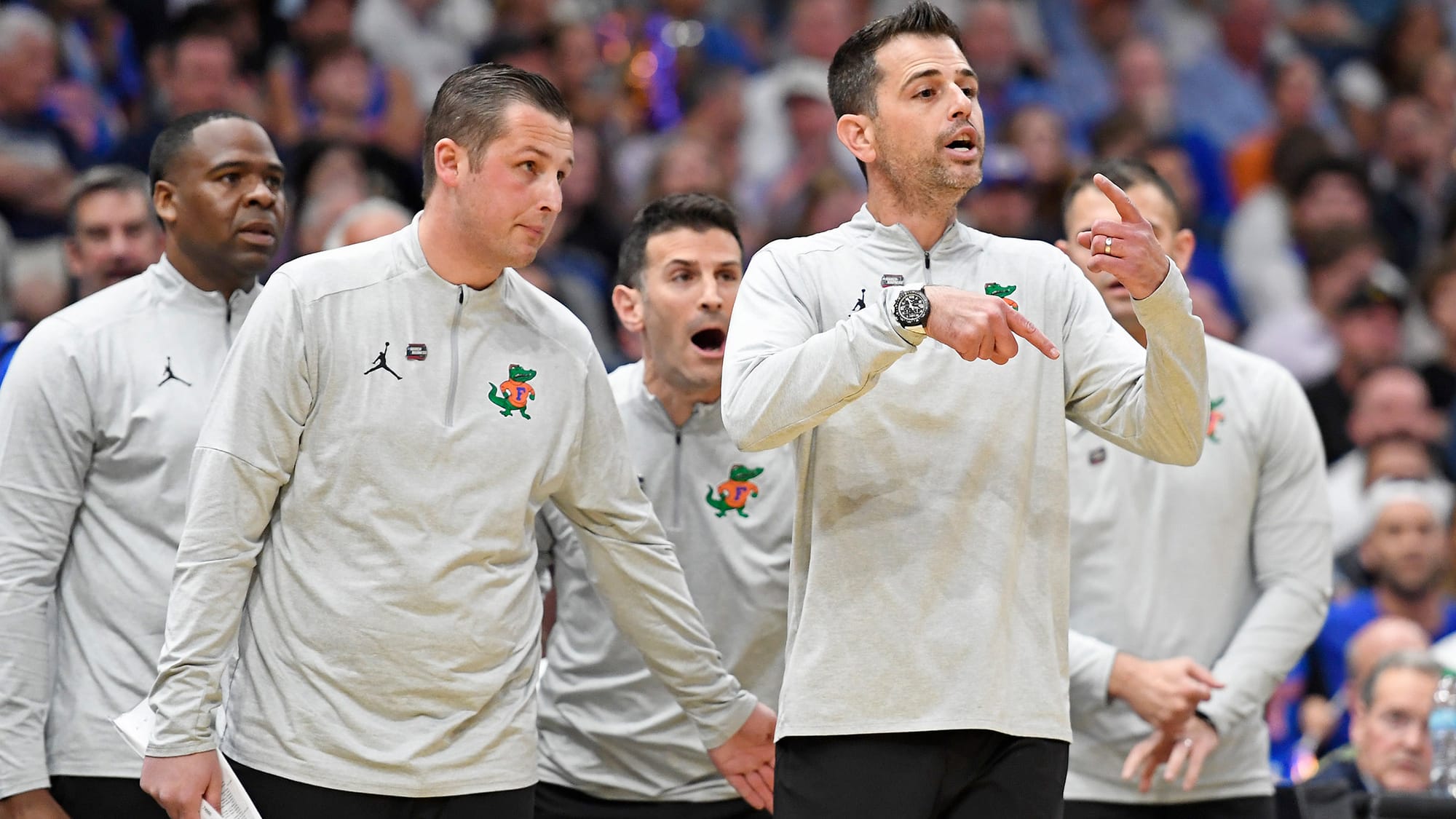 Florida Head Coach Todd Golden calls for a change as the Florida Gators face the Iowa Hawkeyes on Sunday, March 22, 2026, at Benchmark International Arena in Tampa, Fla.