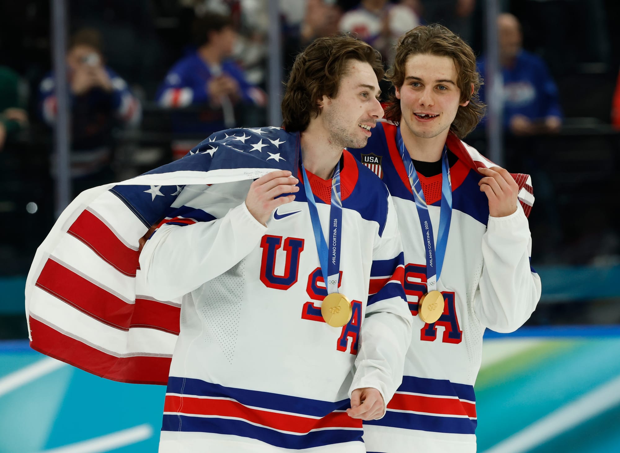 Brothers Quinn and Jack Hughes celebrate winning Team USA's first gold medal since the Miracle on Ice run in 1980.