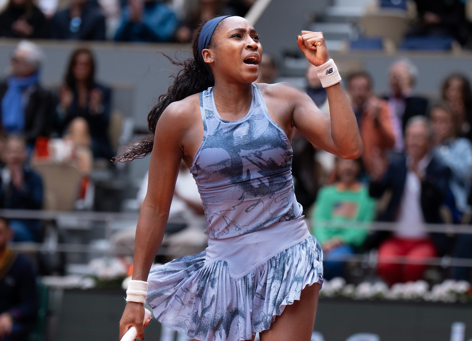 Jun 7, 2025; Paris, FR; Coco Gauff of the United States reacts to a point during the women’s singles final against Aryna Sabalenka on day 14 at Roland Garros Stadium.