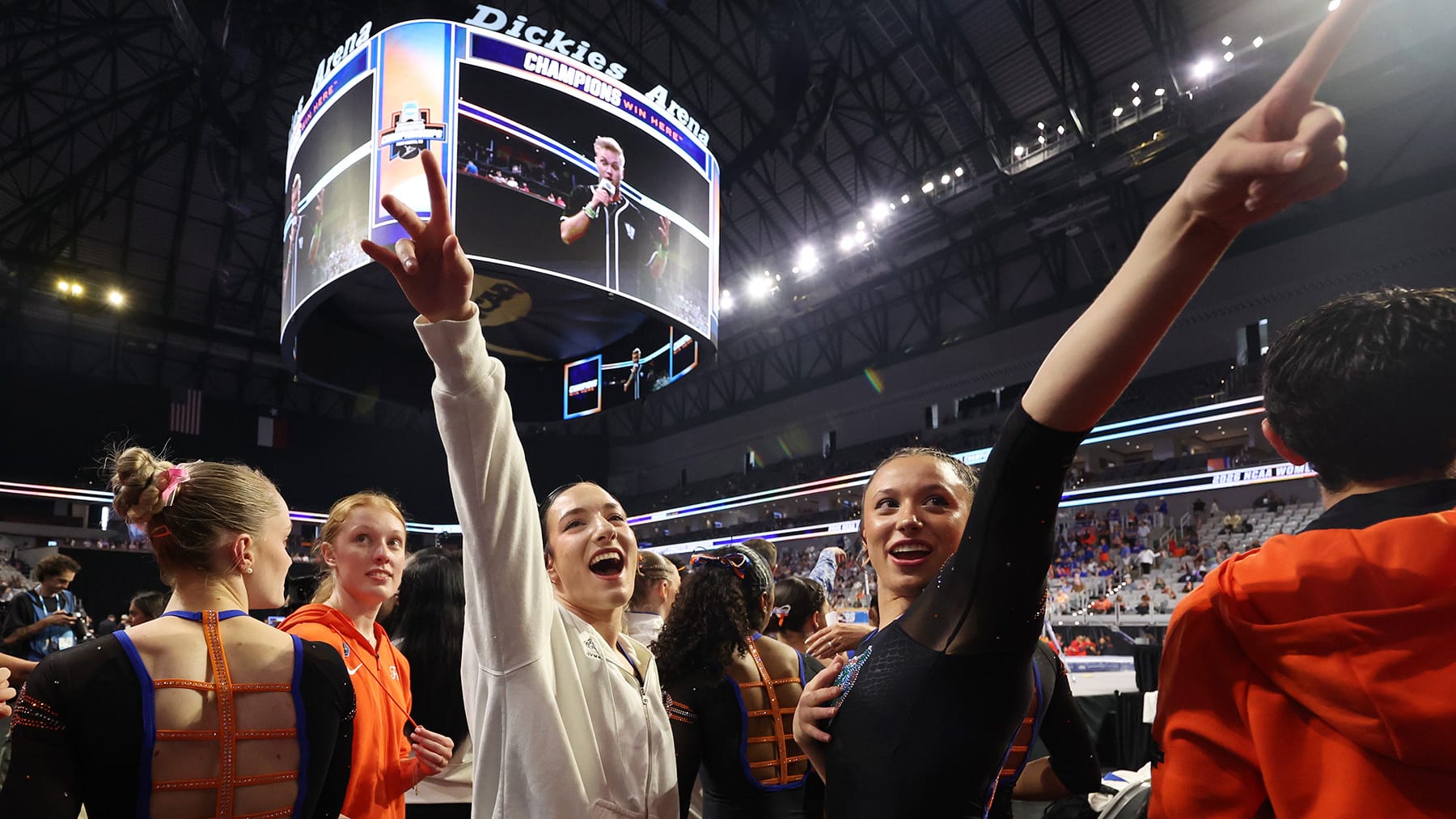 Gabby and Amelia Disidore celebrate while Florida finished third in the NCAA gymnastics championships at Dickies Arena in Forth Worth, Texas, on April 18, 2025.