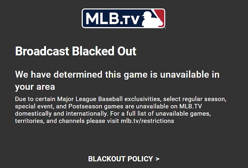 MLB broadcast blackout screen.