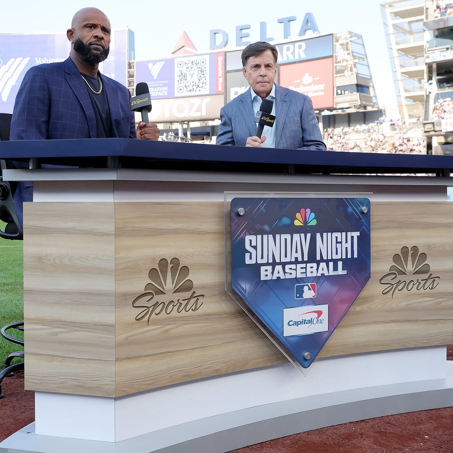 Bob Costas and C.C. Sabathia host NBC's Sunday Night Baseball pregame show before a game at Yankee Stadium.
