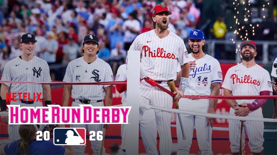 2026 Home Run Derby participants and spectators Bryce Harper, Ben Rice, Jac Caglianone, Kyle Schwarber and Munetaka Murakami celebrate before the in Philadelphia.