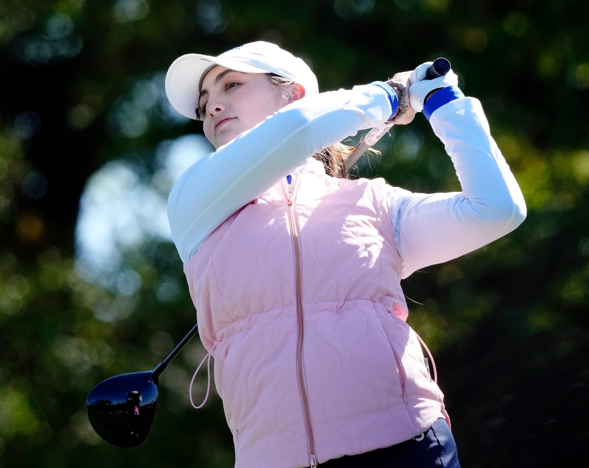 Apr 6, 2024; Augusta, Georgia, USA; Maisie Filler tees off on no. 1 during the final round of the Augusta National Women's Amateur golf tournament at Augusta National Golf Club.