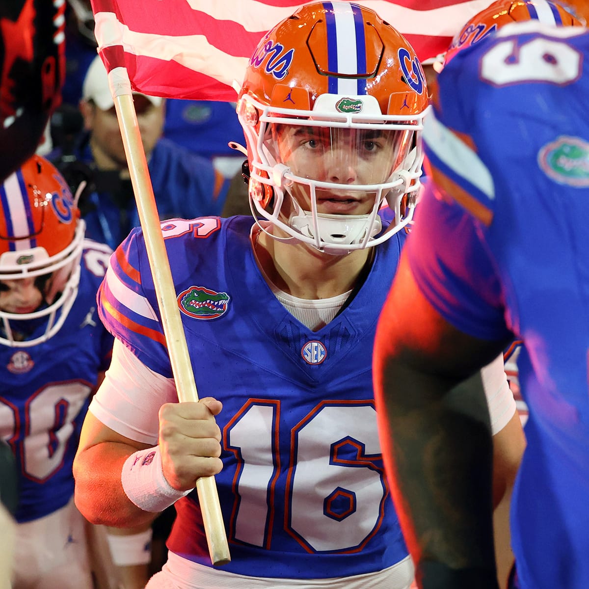UF's Aidan Warner runs through the tunnel onto the field during UF's Homecoming game against the Kentucky Wildcats in Gainesville, Fla., Saturday, Oct. 19, 2024.