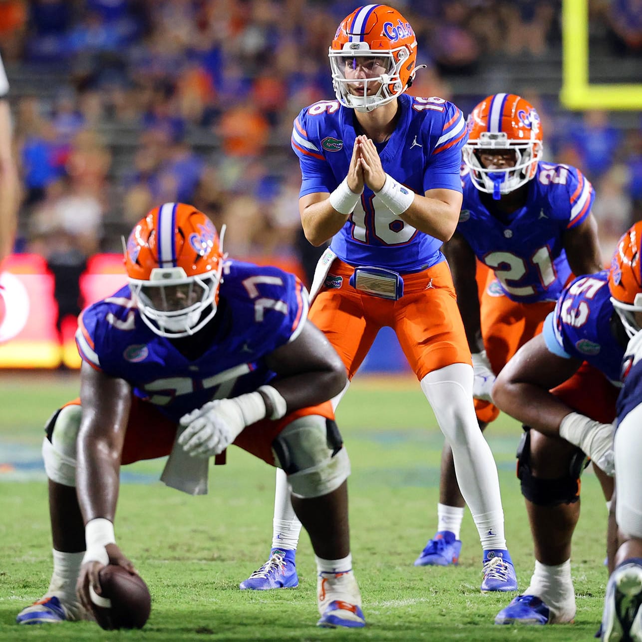 University of Florida’s Aidan Warner (#16) receives the ball from Knijeah Harris during the Gator’s game against the Samford University Bulldogs at Ben Hill Griffin Stadium in Gainesville, Fla., Saturday night, Sept. 7, 2024.