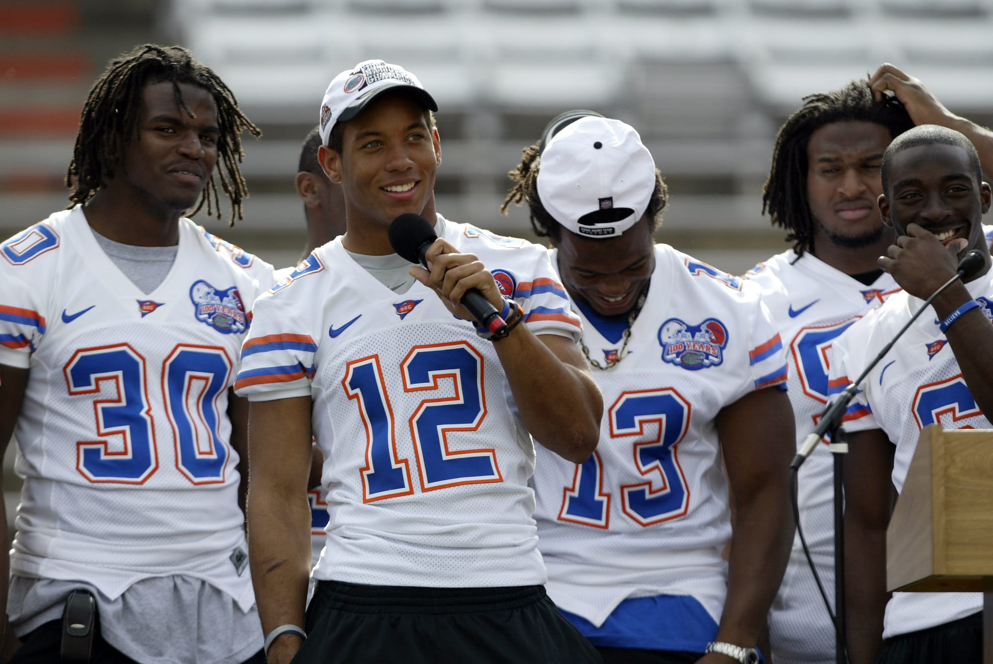 Jan 13, 2007; Gainesville, FL, USA; Florida Gators quarterback Chris Leak (12) celebrates the National Championship with teammates&nbsp;Earl&nbsp;Everett&nbsp;(30) and Brian Crum (13) during a celebration at Ben Hill Griffin Stadium in Gainesville, Florida.