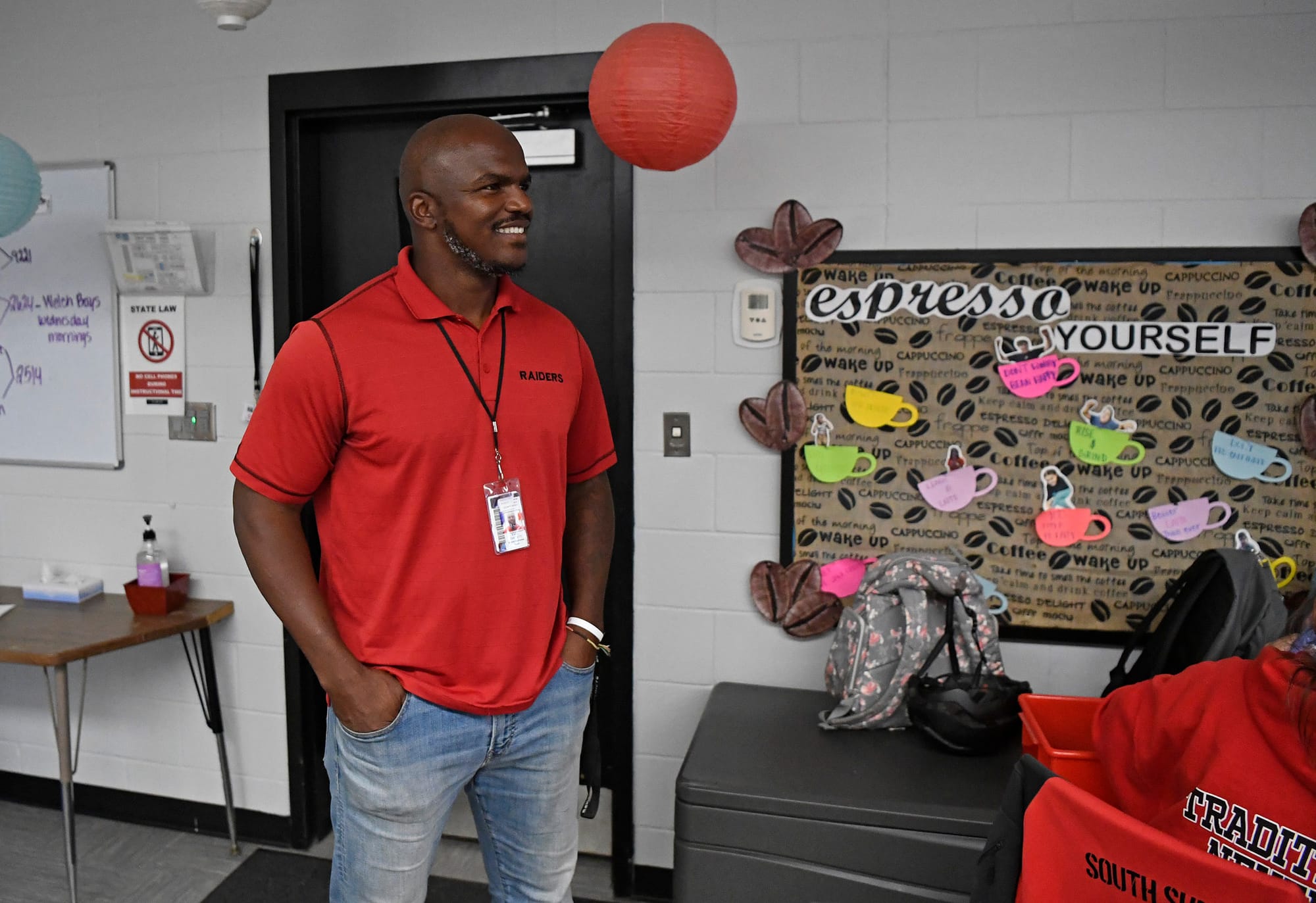 Earl Everett smiles as he steps into the ESE classroom on Monday, Sept. 14, 2026, at South Sumter High School in Bushnell, Fla.