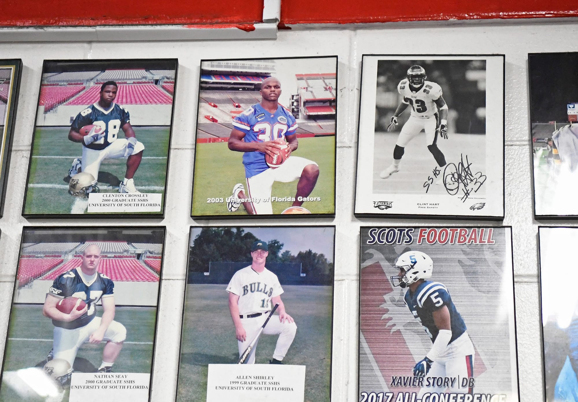 Earl Everett’s picture hangs in the weight room on Monday, Sept. 14, 2026, at South Sumter High School in Bushnell, Fla.