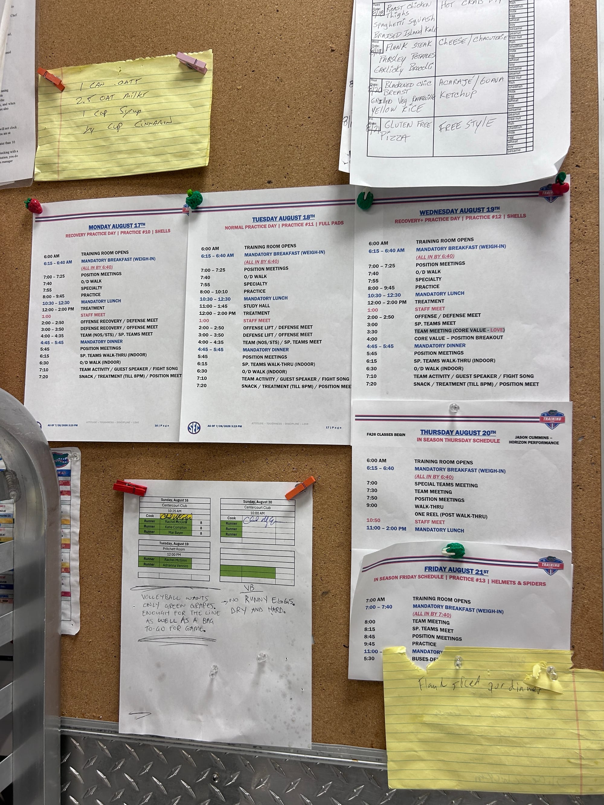 Florida athetics' meal schedules posted on a wall inside the Heavener Football Training Center's athletic dining hall kitchen on Tuesday, Aug. 18, in Gainesville, Fla. 