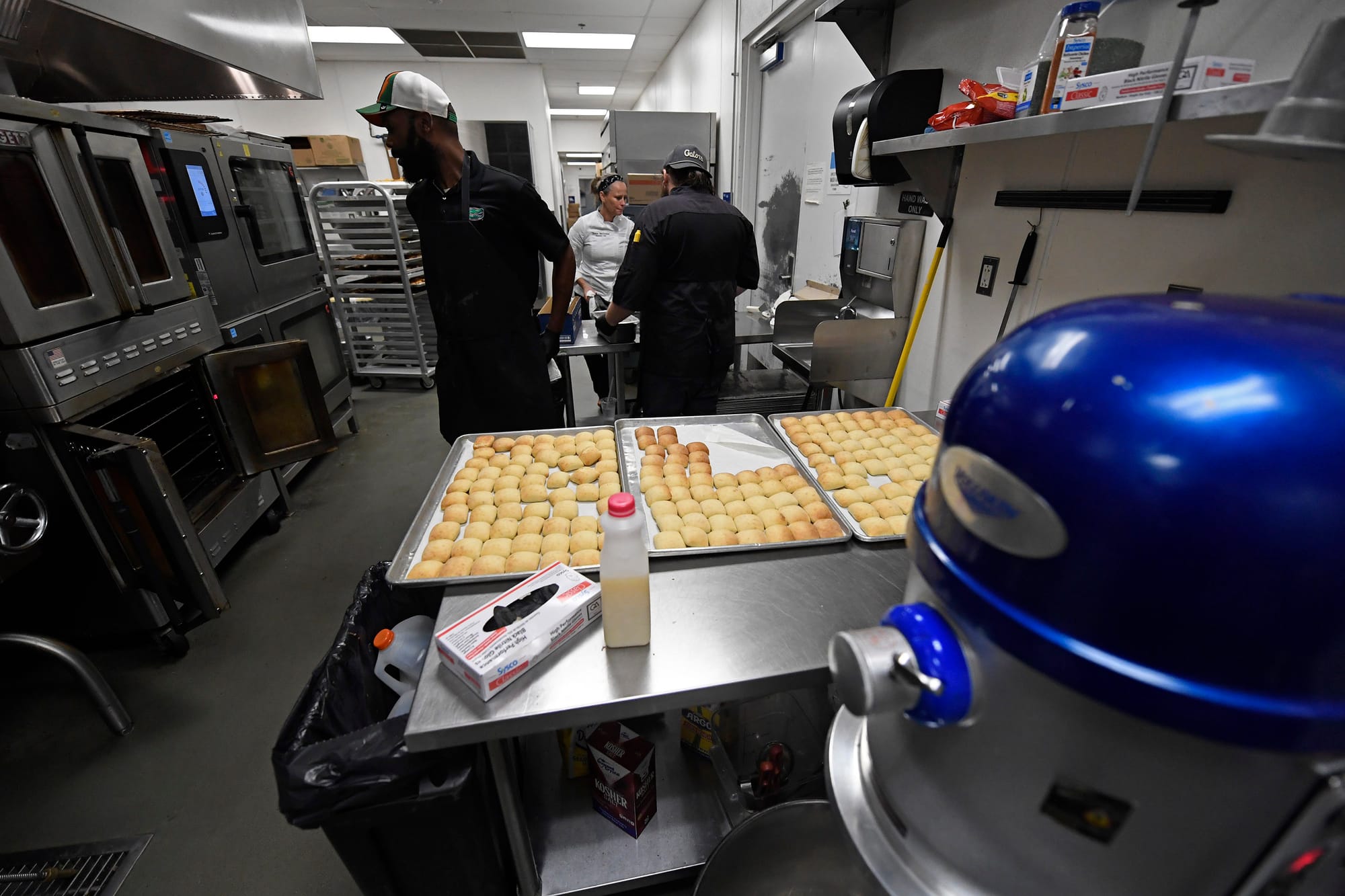 Biscuits are prepared for dinner service on Tuesday, Aug. 18, 2026, at the James W. “Bill” Heavener Football Training Center in Gainesville, Fla.