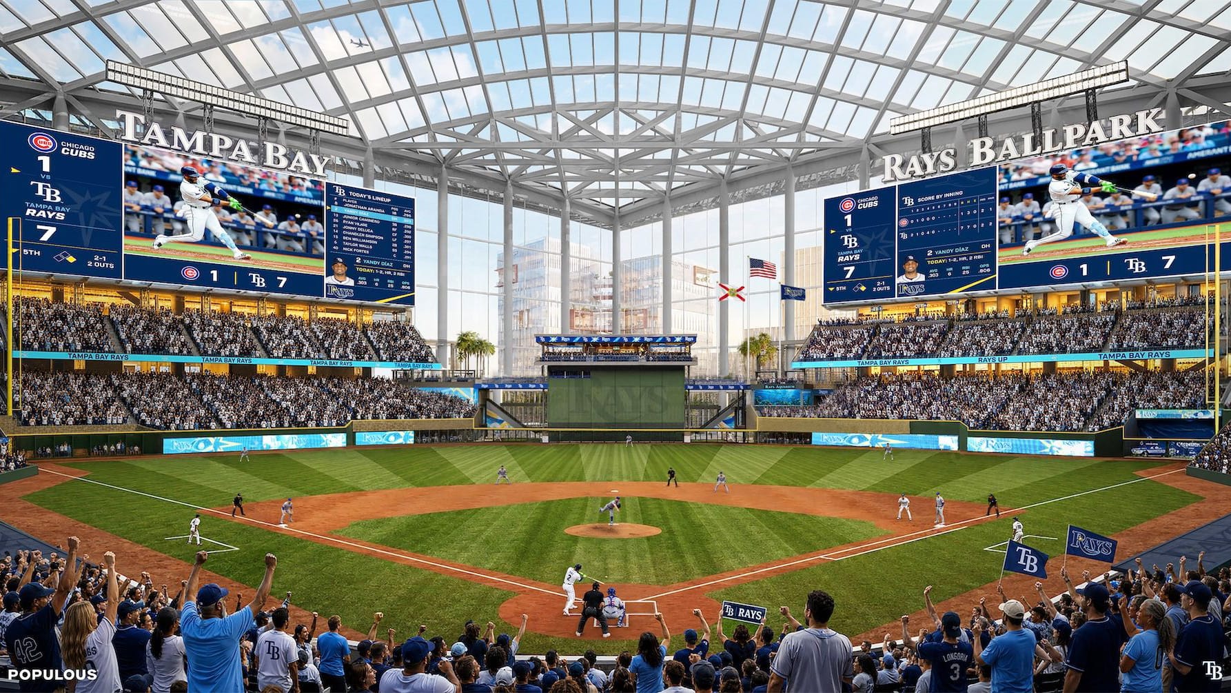 A new rendering of the Tampa Bay Rays' 2029 stadium in Tampa, which will feature a glass roof.