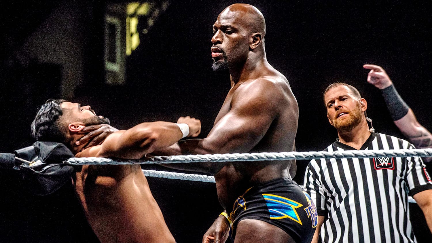 Titus O'Neil pins one of the Singh brothers in a corner at WWE Live Road to Wrestlemania came to Garrett Coliseum in Montgomery, Alabama, on Sunday, Feb. 24, 2019.