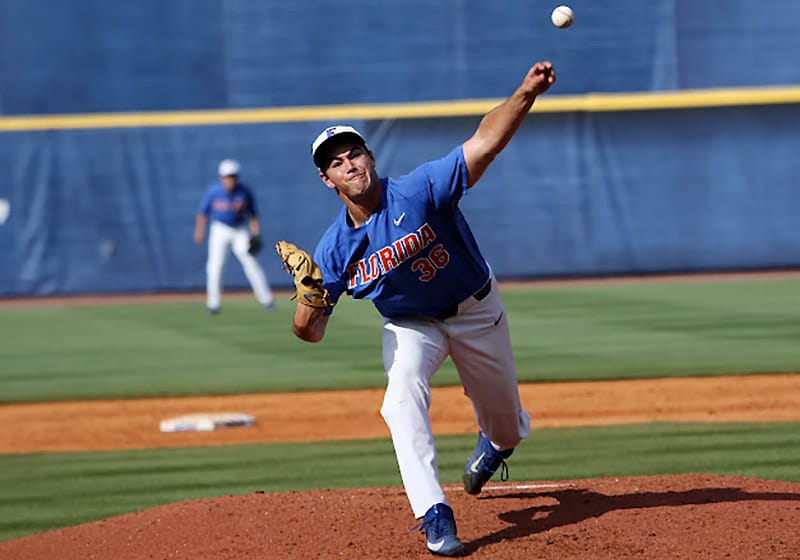 Pitcher Drake Maye throws a pitch for Florida baseball in 2017 in Gainesville.