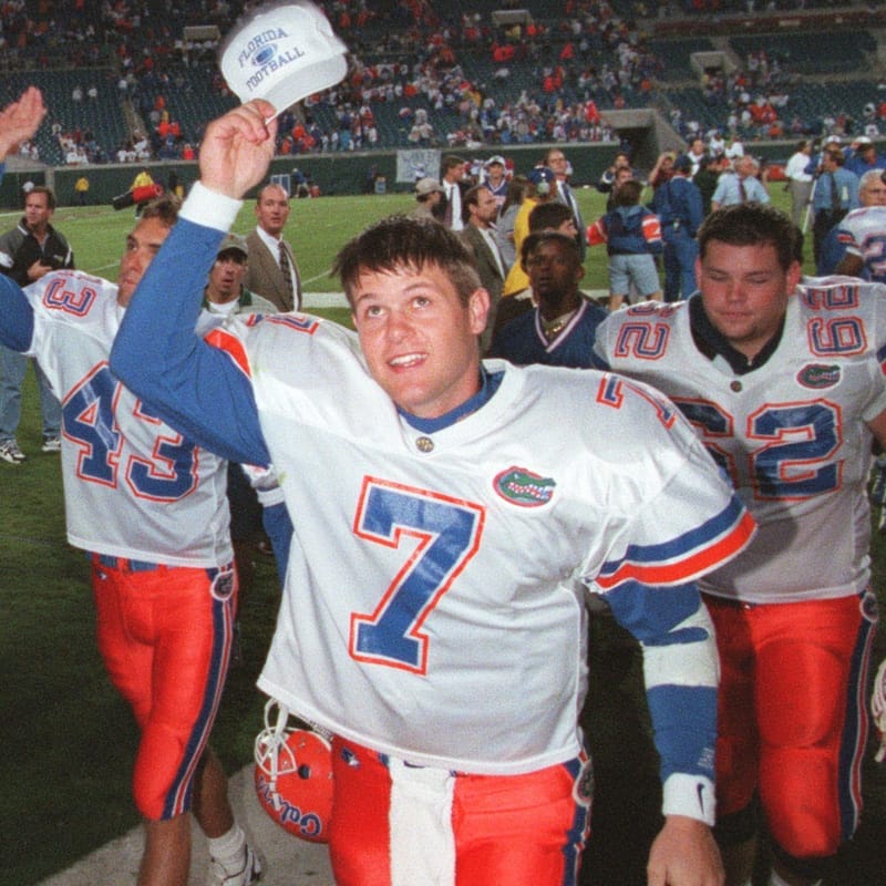 Danny Wuerffel, Florida's Quarterback, salutes fans as he leaves the field after their game against the University of Georgia, Saturday, Nov. 2, 1996. The Gators won the game 47-7.