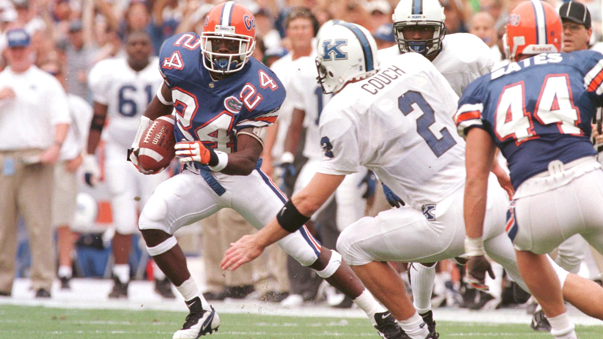 Kentucky quarterback Tim Couch (2) while running back a first-quarter interception during their college football game in Gainesville on Sept. 28, 1996.