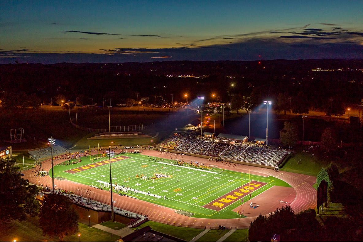 A drone photo of Steve Spurrier Field at Kermit Tipton Stadium on the campus of Science Hill High School in Johnson City, Tennessee.