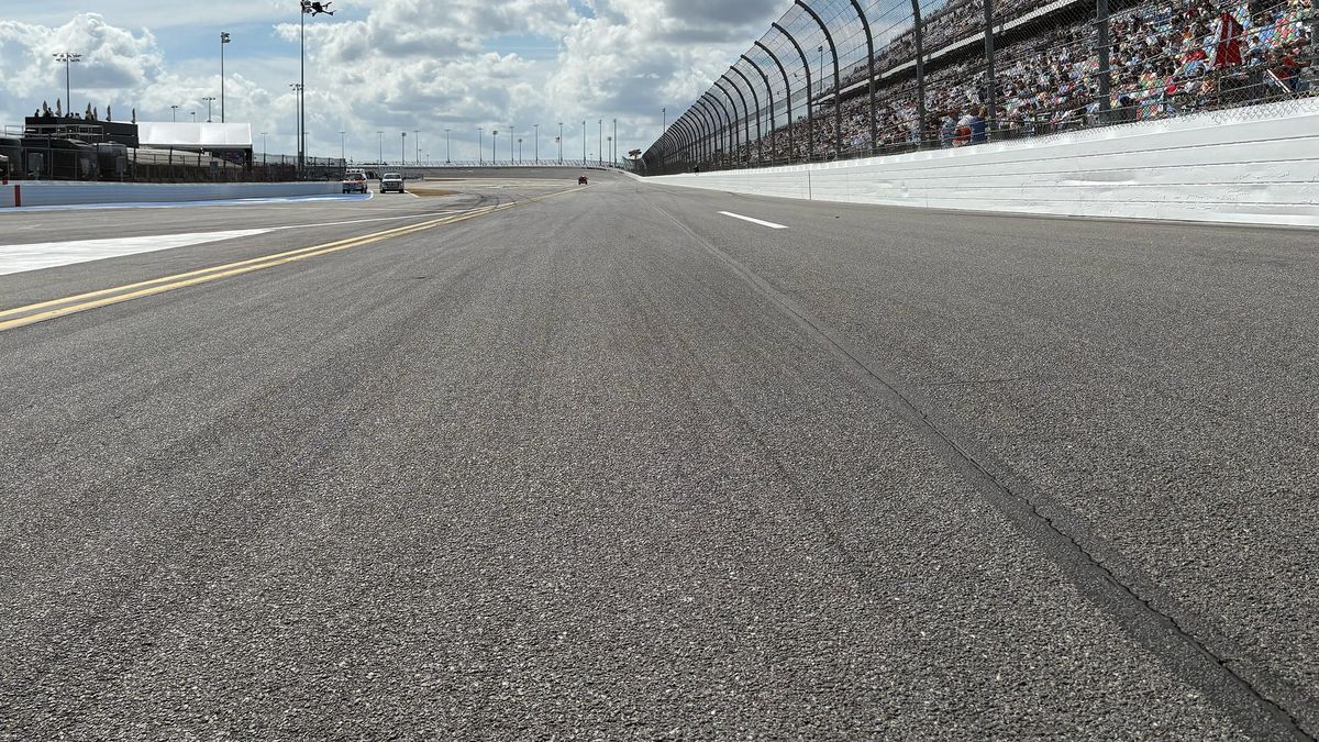 Daytona International Speedway's front stretch on Feb. 15, 2026.