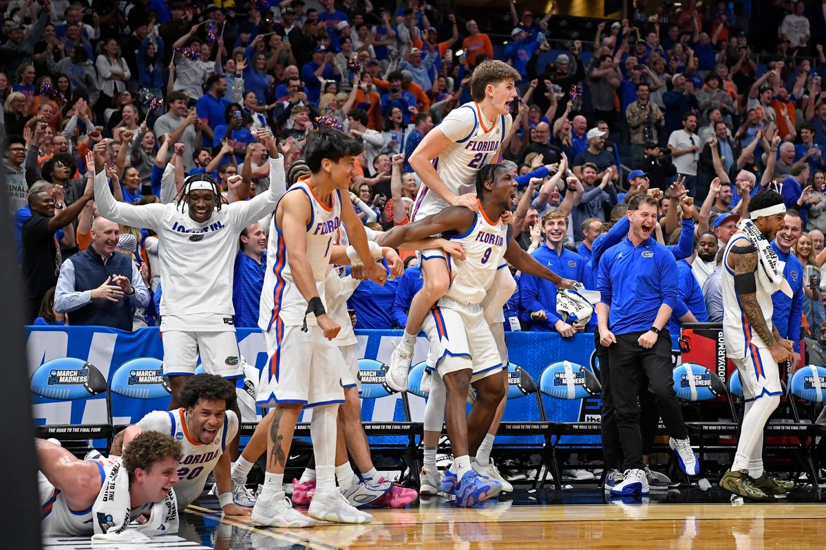 The Florida bench celebrates as the Florida Gators face the Prairie View A&M Panthers on Friday, March 20, 2026, at Benchmark International Arena in Tampa, Fla.