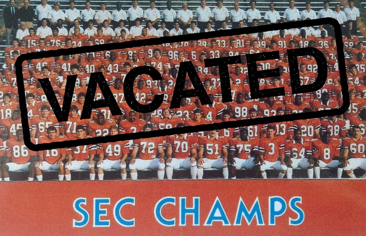 Florida's football team poses at Florida Field after winning the SEC Championship in 1984.