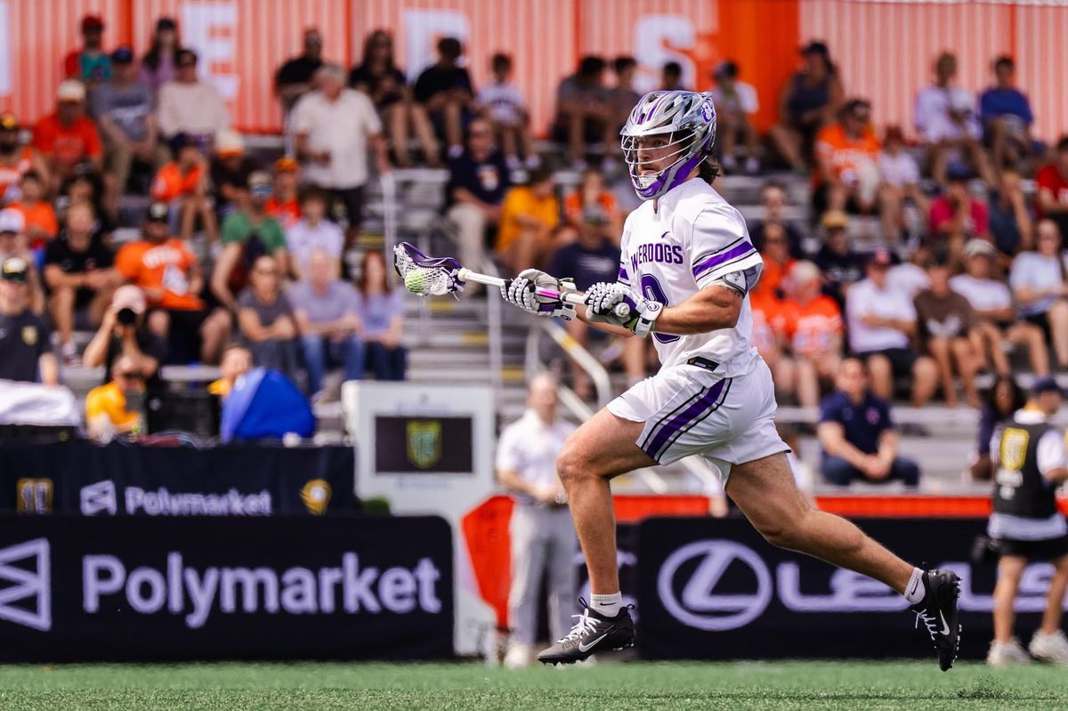 Philadelphia Waterdogs lacrosse defender Dylan Hess runs with the ball during a PLL game in 2024.