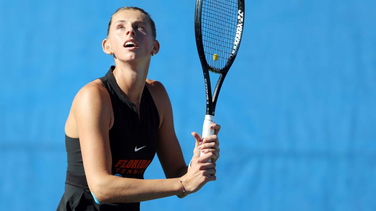 Gators senior Alicia Dudeney watches the ball during doubles against LSU during the Intercollegiate Tennis Association Kickoff Weekend match at the Alfred A. Ring Tennis Complex in Gainesvill