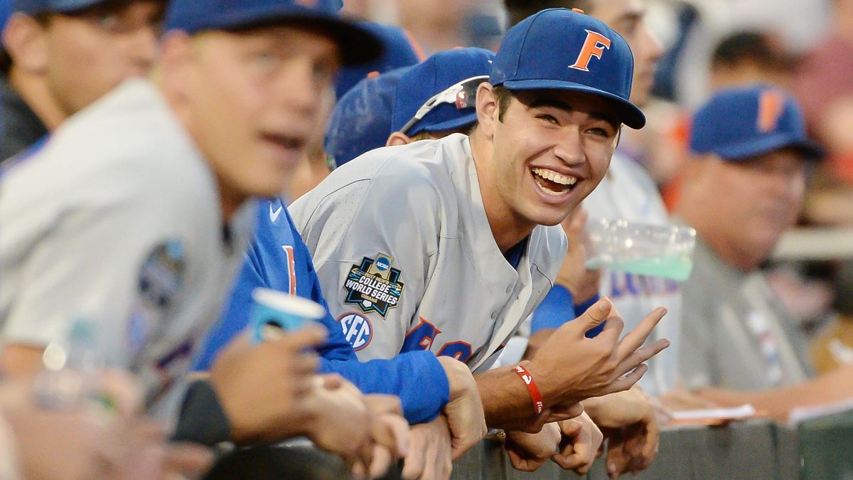 Jun 24, 2017; Omaha, NE, USA; Florida Gators pitcher Cole Maye (36) reacts to a play in the field in the seventh inning against the TCU Horned Frogs at TD Ameritrade Park Omaha.