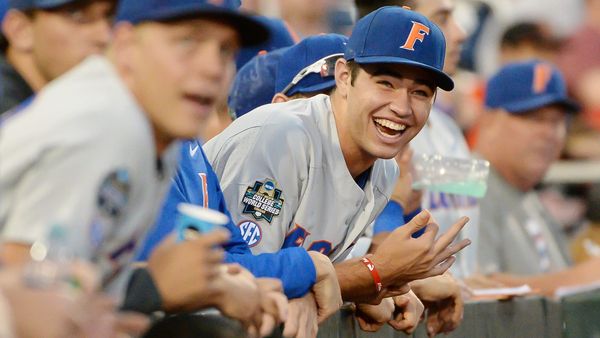 Jun 24, 2017; Omaha, NE, USA; Florida Gators pitcher Cole Maye (36) reacts to a play in the field in the seventh inning against the TCU Horned Frogs at TD Ameritrade Park Omaha.